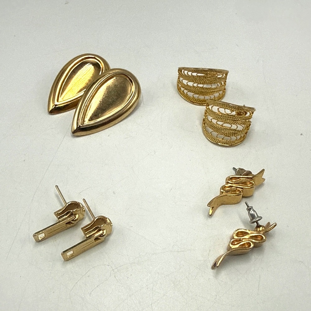 Vintage Gold Tone Earring Lot Zipper Pull Teardrop Filigree Ribbon Studs 4 Pairs